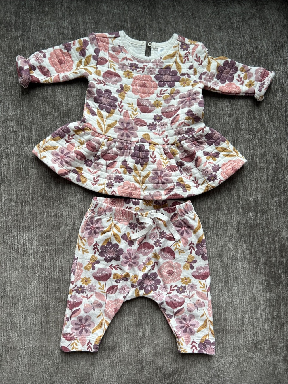 Floral Quilted Peplum Top & Pants Set - Pink Purple